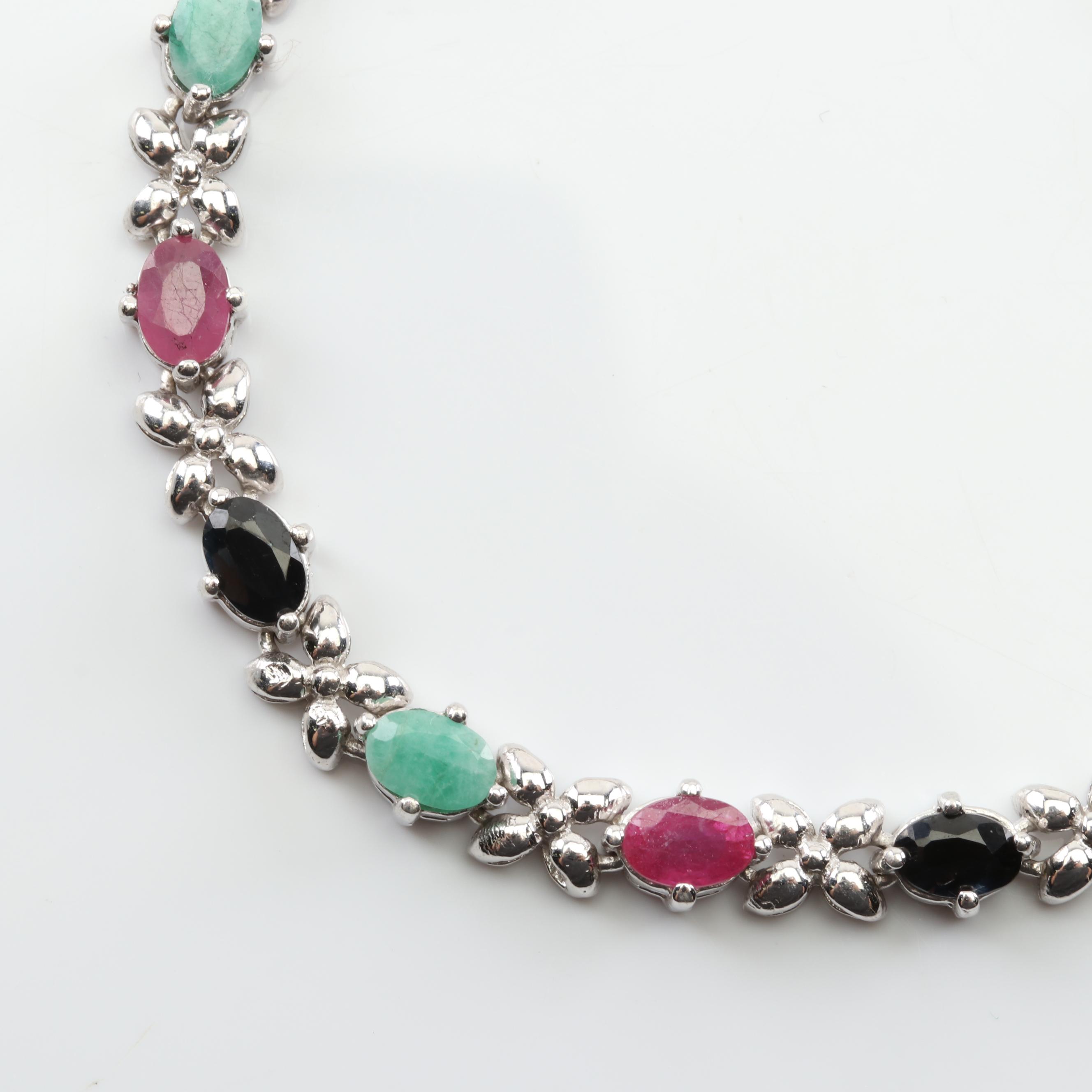 Sterling Silver Ruby, Sapphire, Emerald Flower Station Bracelet
