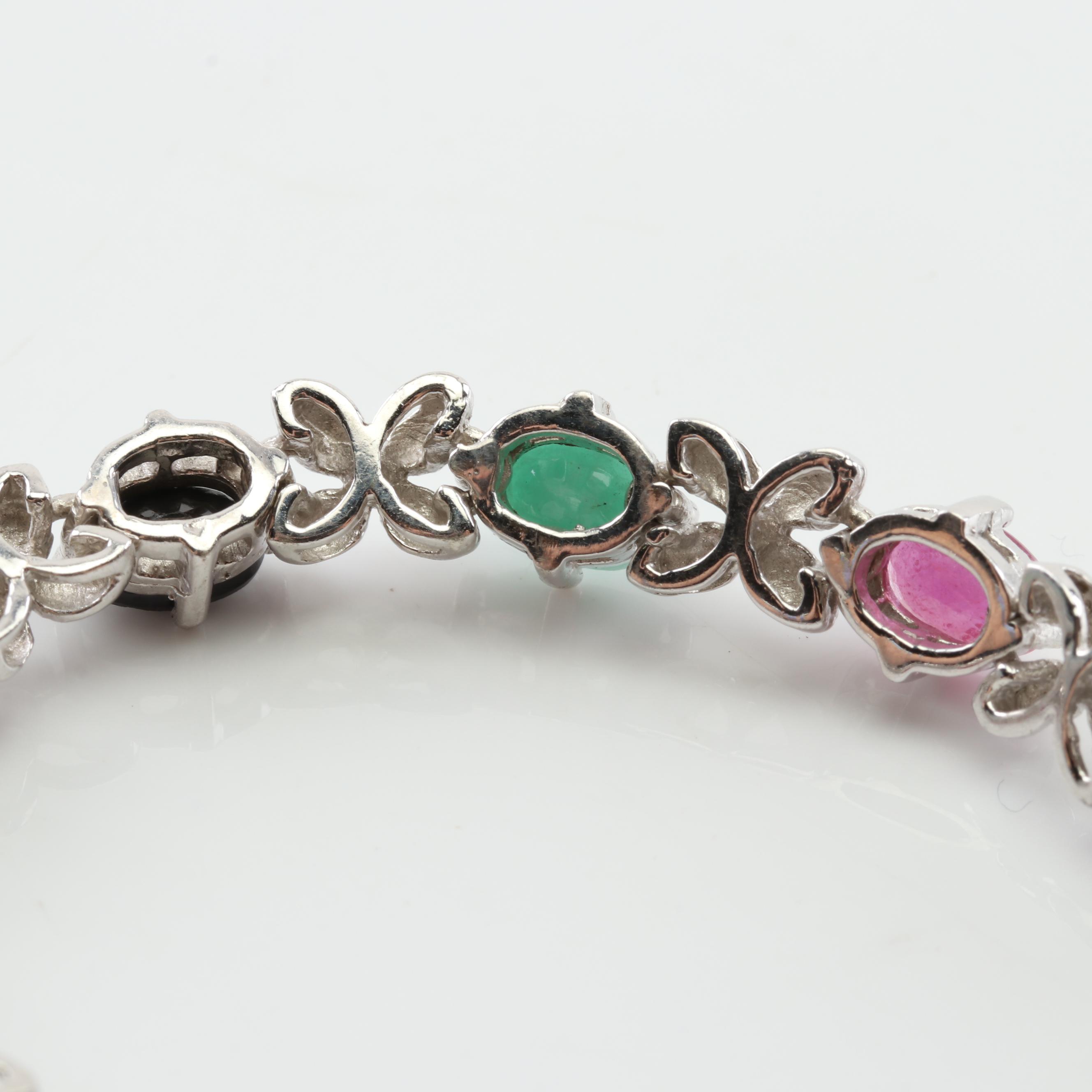Sterling Silver Ruby, Sapphire, Emerald Flower Station Bracelet