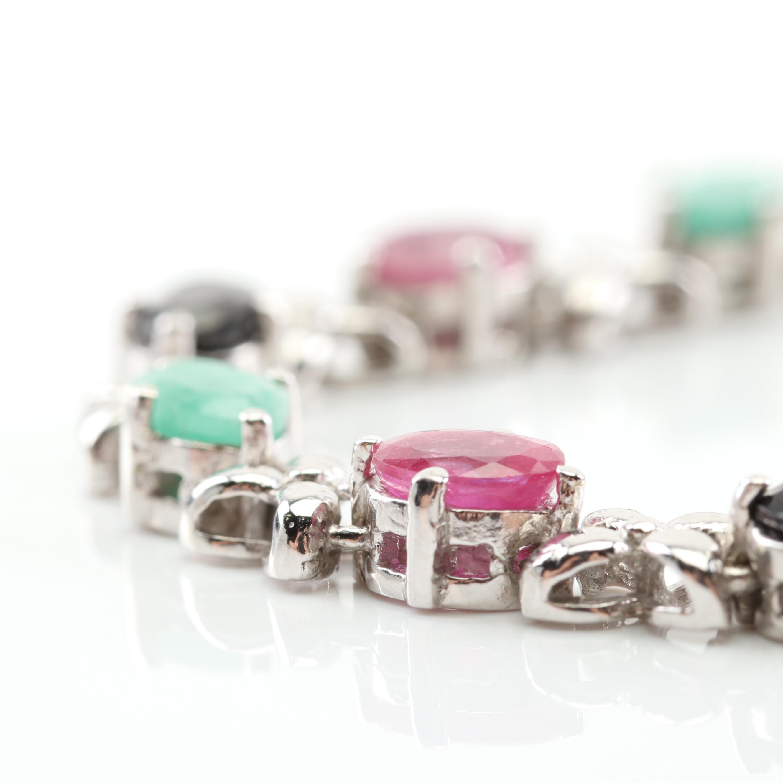 Sterling Silver Ruby, Sapphire, Emerald Flower Station Bracelet