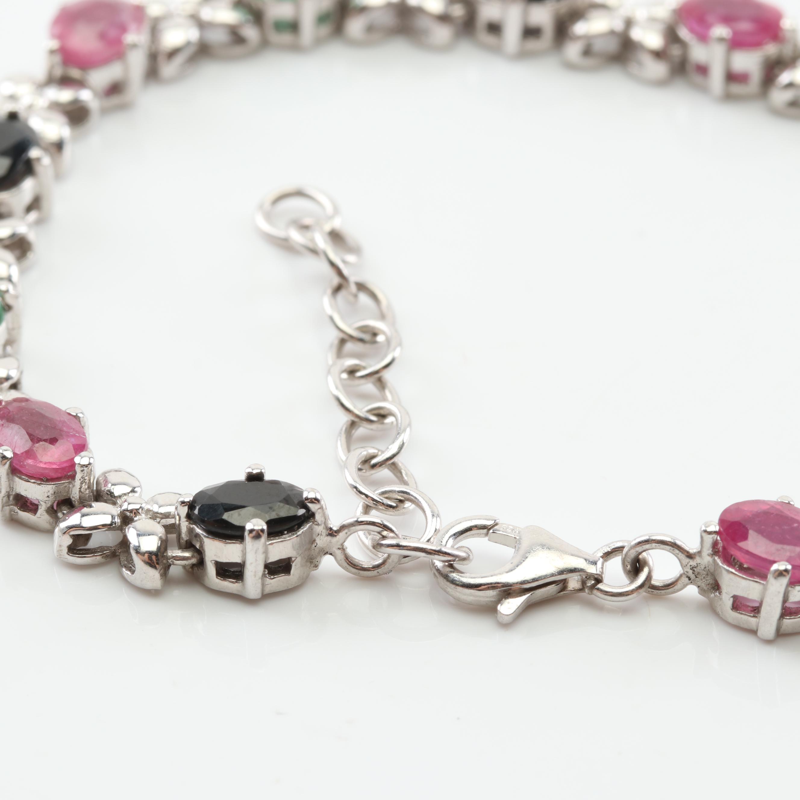 Sterling Silver Ruby, Sapphire, Emerald Flower Station Bracelet