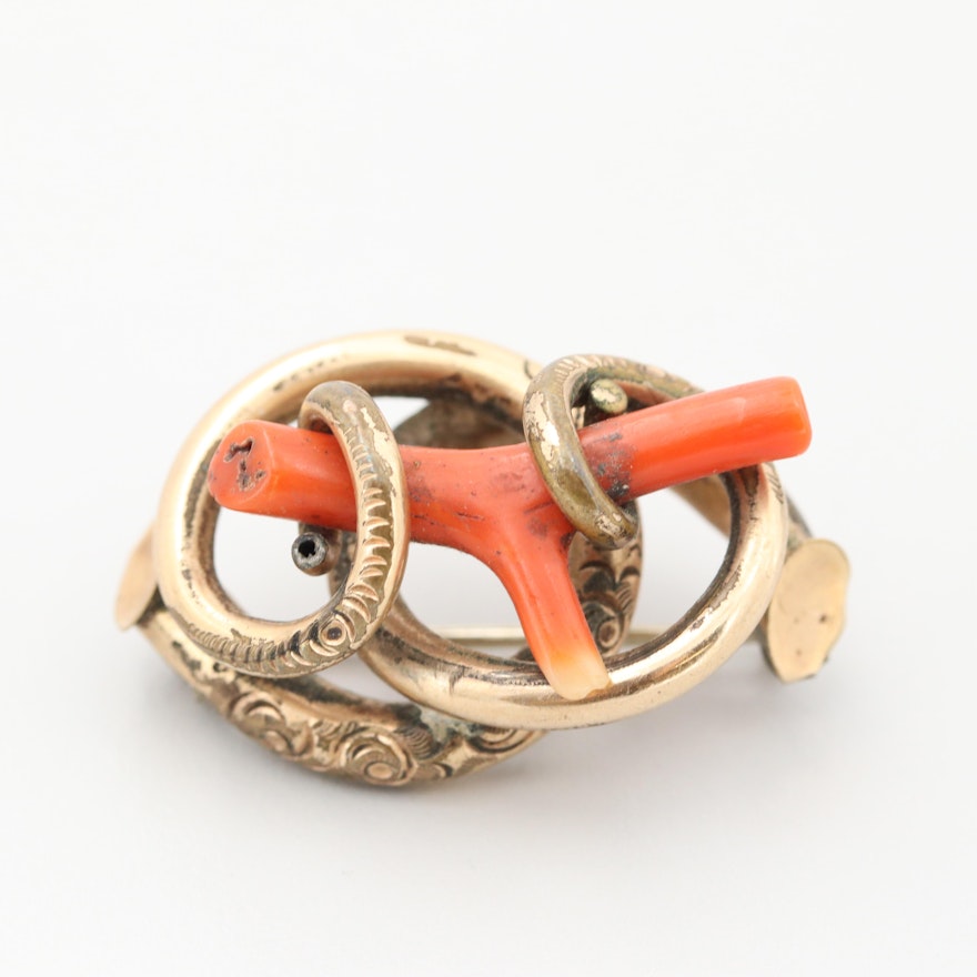 Victorian Gold Tone Brecciated Coral Love Knot Brooch