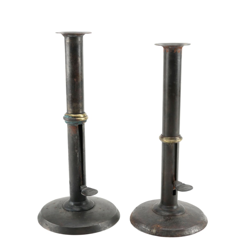 19th C. Hogscraper Candlesticks with Brass Wedding Bands by Hans, Ca. 1800-40