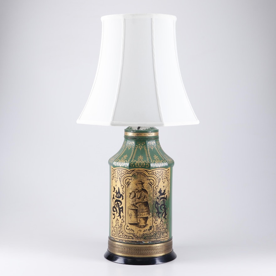 Converted Chinoiserie Painted Tea Tin Table Lamp, Early/Mid 20th Century