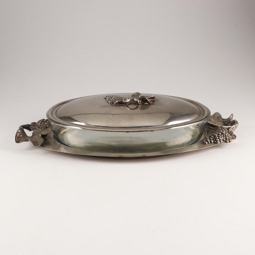 Godinger Grape Motif Silver Plated Covered Casserole with Under Tray