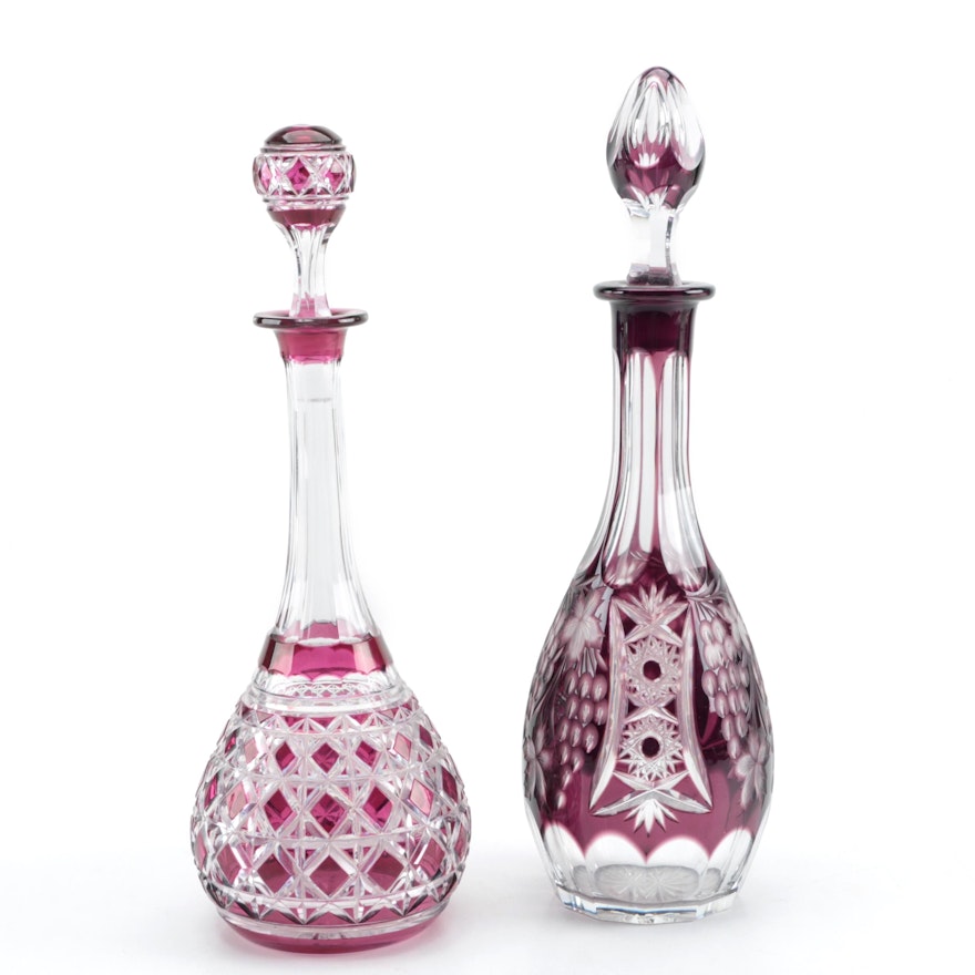 Dark Purple and Cranberry Cut to Clear Crystal Decanters, Early 20th Century