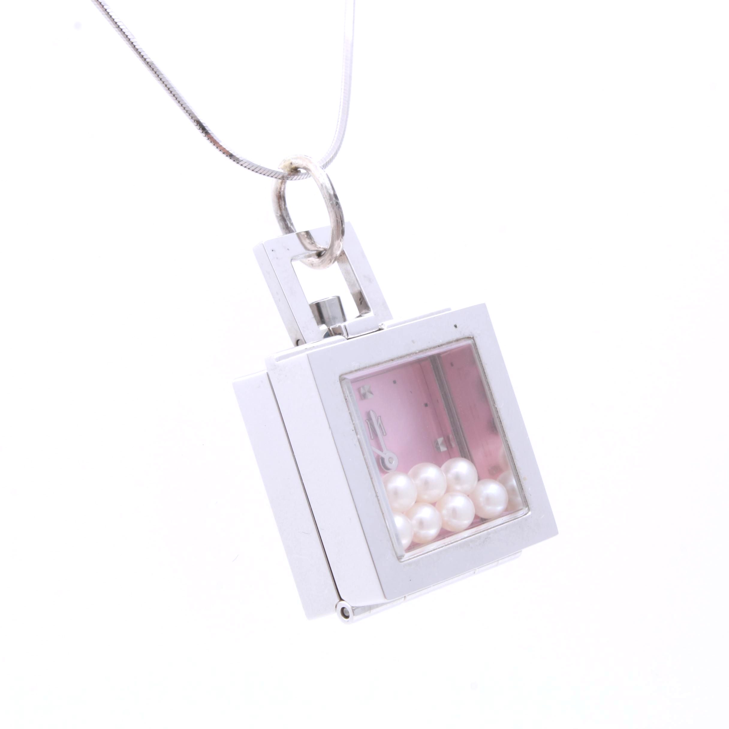 Mikimoto Watch Pendent Necklace with 14K White Gold Chain and Cultured Pearls