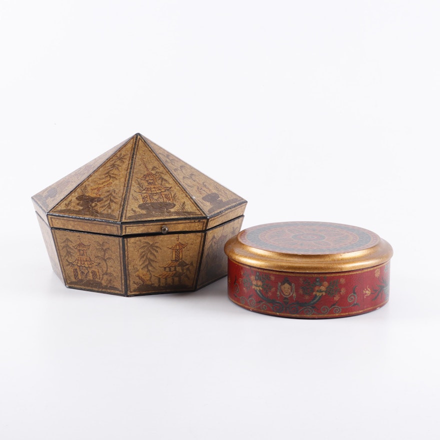 Chinoiserie Hand Painted Lidded Decorative Boxes