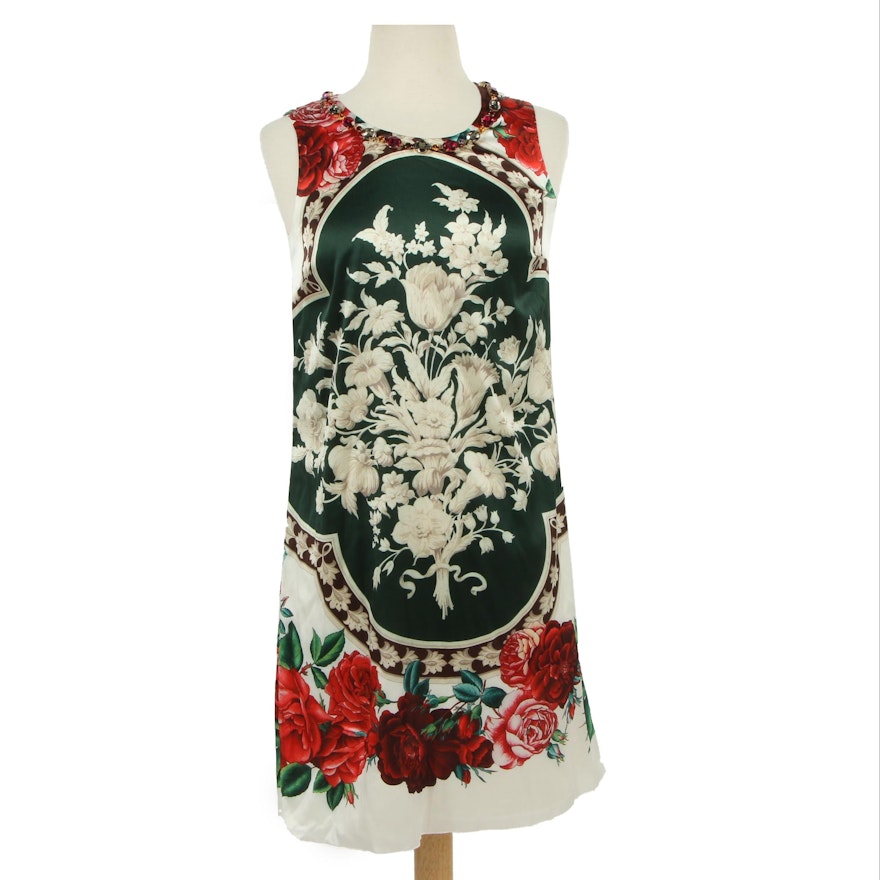Dolce & Gabbana Silk Blend Floral Sleeveless Dress with Crystal Neckline