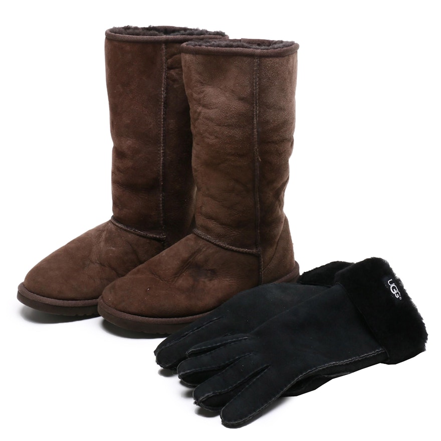 UGG Australia Brown Suede Boots and Black Gloves with Shearling Lining
