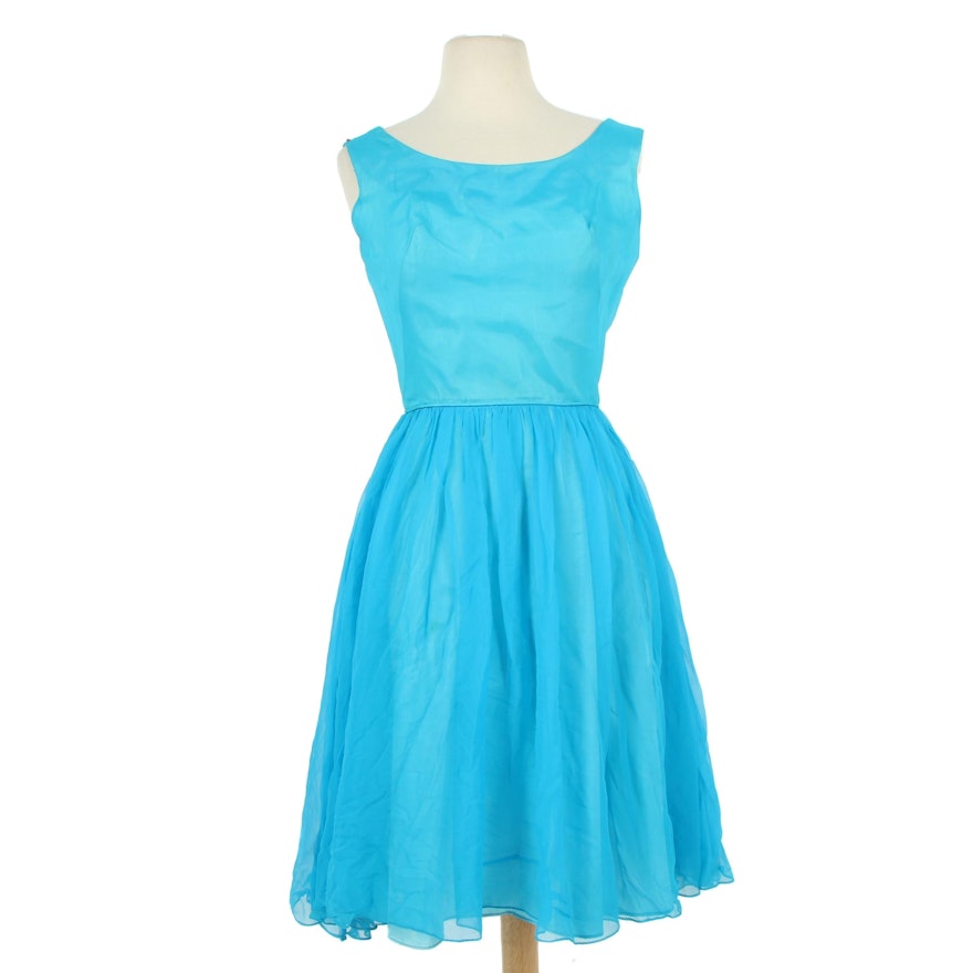 Jr. Theme Blue Sleeveless Dress with Pleated Chiffon Skirt Overlay, 1960s