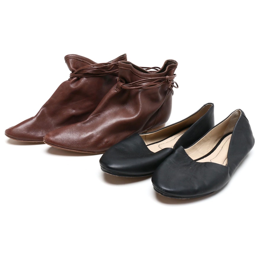Elizabeth and James Black Leather Flats and Loeffler Randall Brown Leather Boots