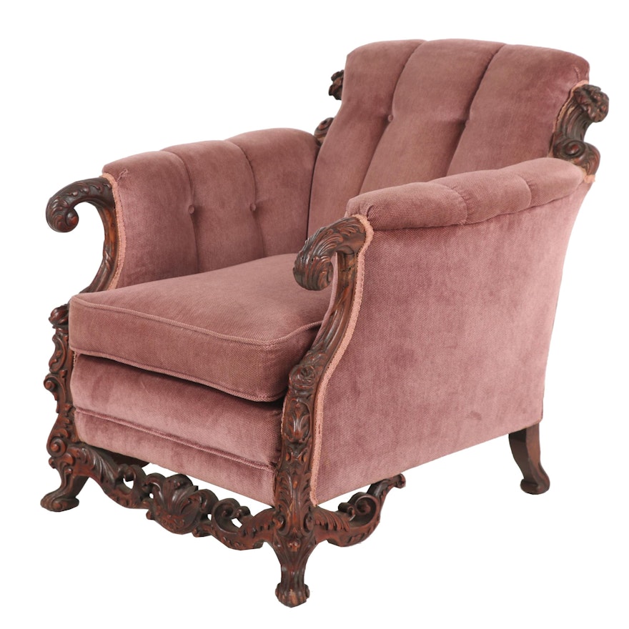 Rococo Revival Carved and Velveteen Upholstered Armchair, 1930s