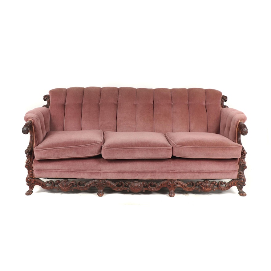 Rococo Revival Carved and Velveteen Upholstered Sofa, 1930s