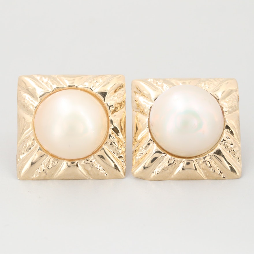 14K Yellow Gold Cultured Mabé Pearl Earrings