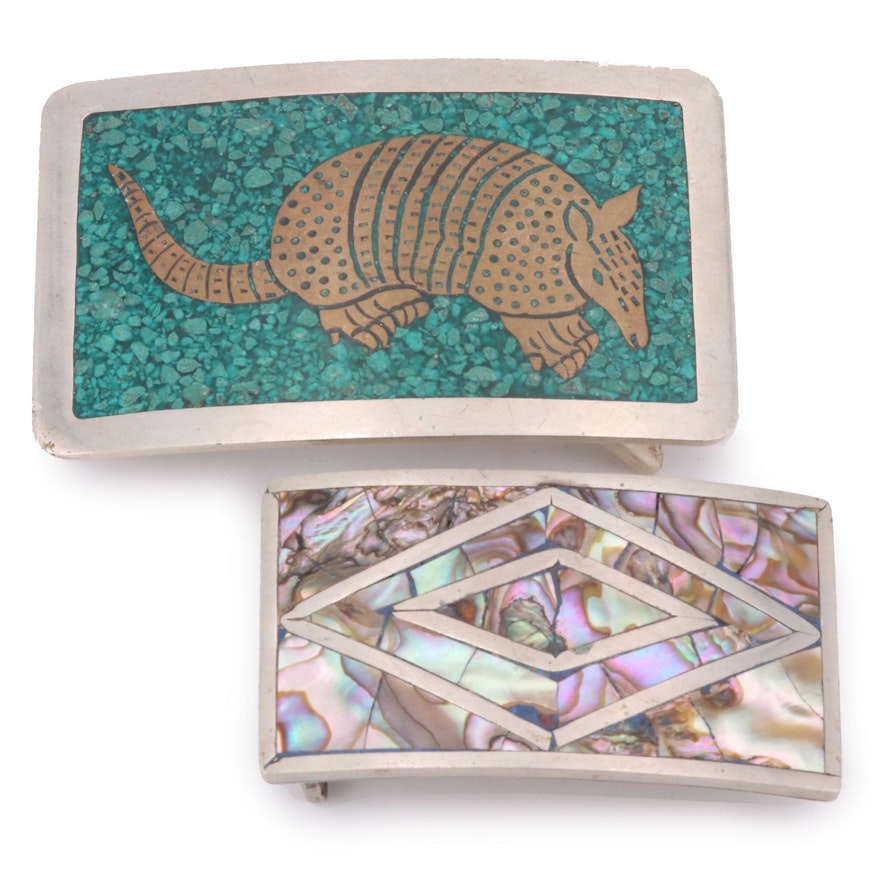 Mother of Pearl Inlay and Mexican Armadillo Motif Belt Buckles