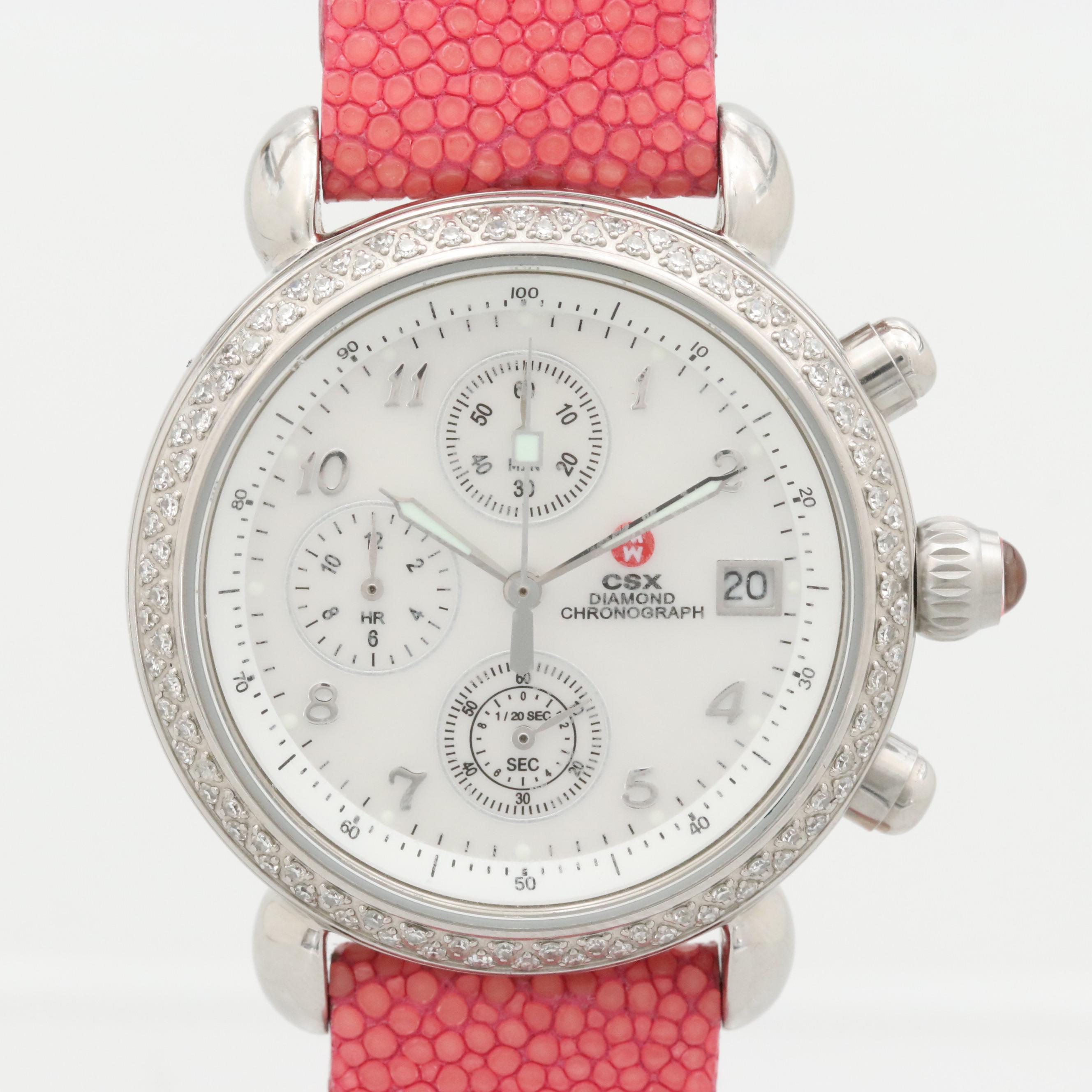 Michele Stainless Steel and Diamond Bezel Chrono Watch With Mother of Pearl