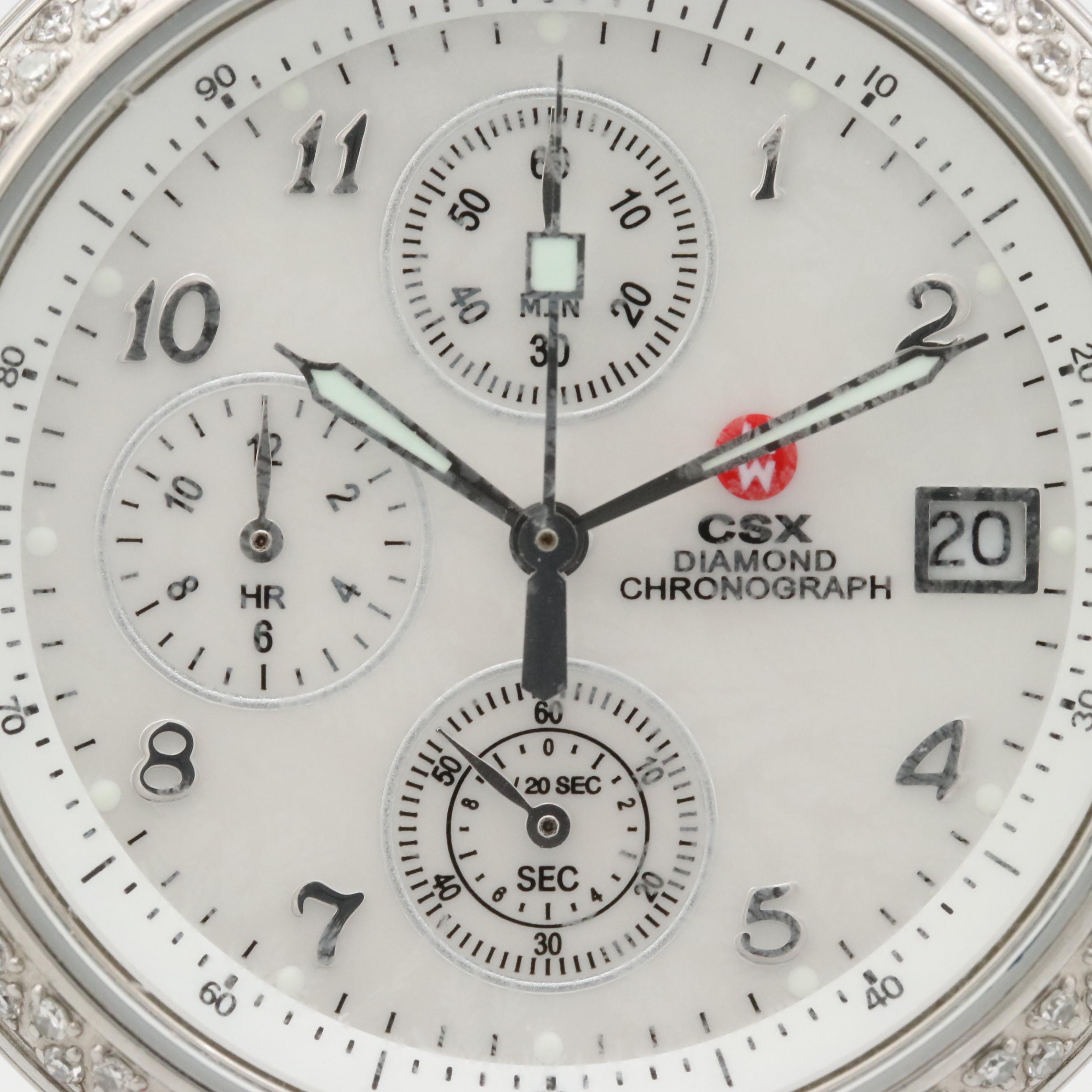 Michele Stainless Steel and Diamond Bezel Chrono Watch With Mother of Pearl