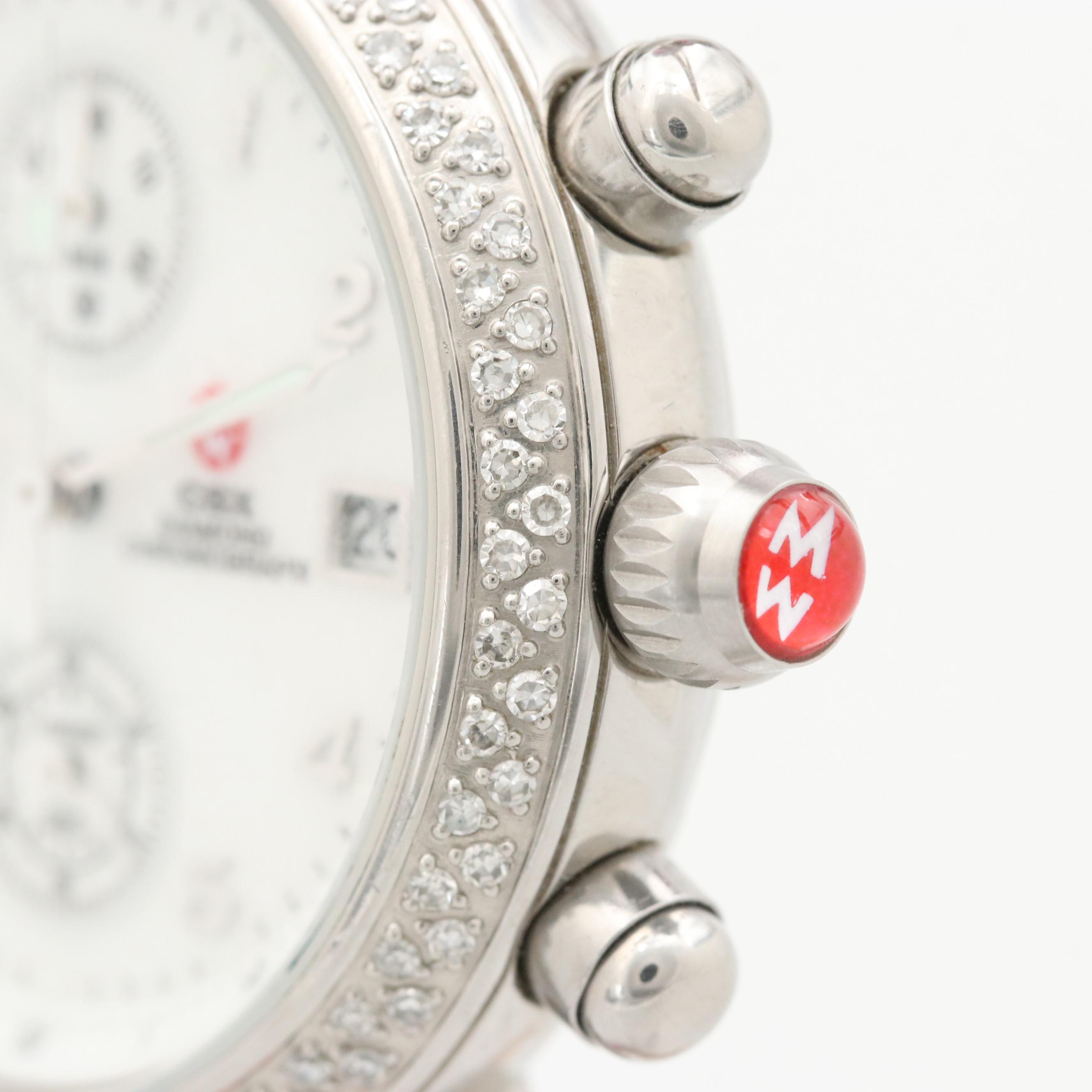 Michele Stainless Steel and Diamond Bezel Chrono Watch With Mother of Pearl
