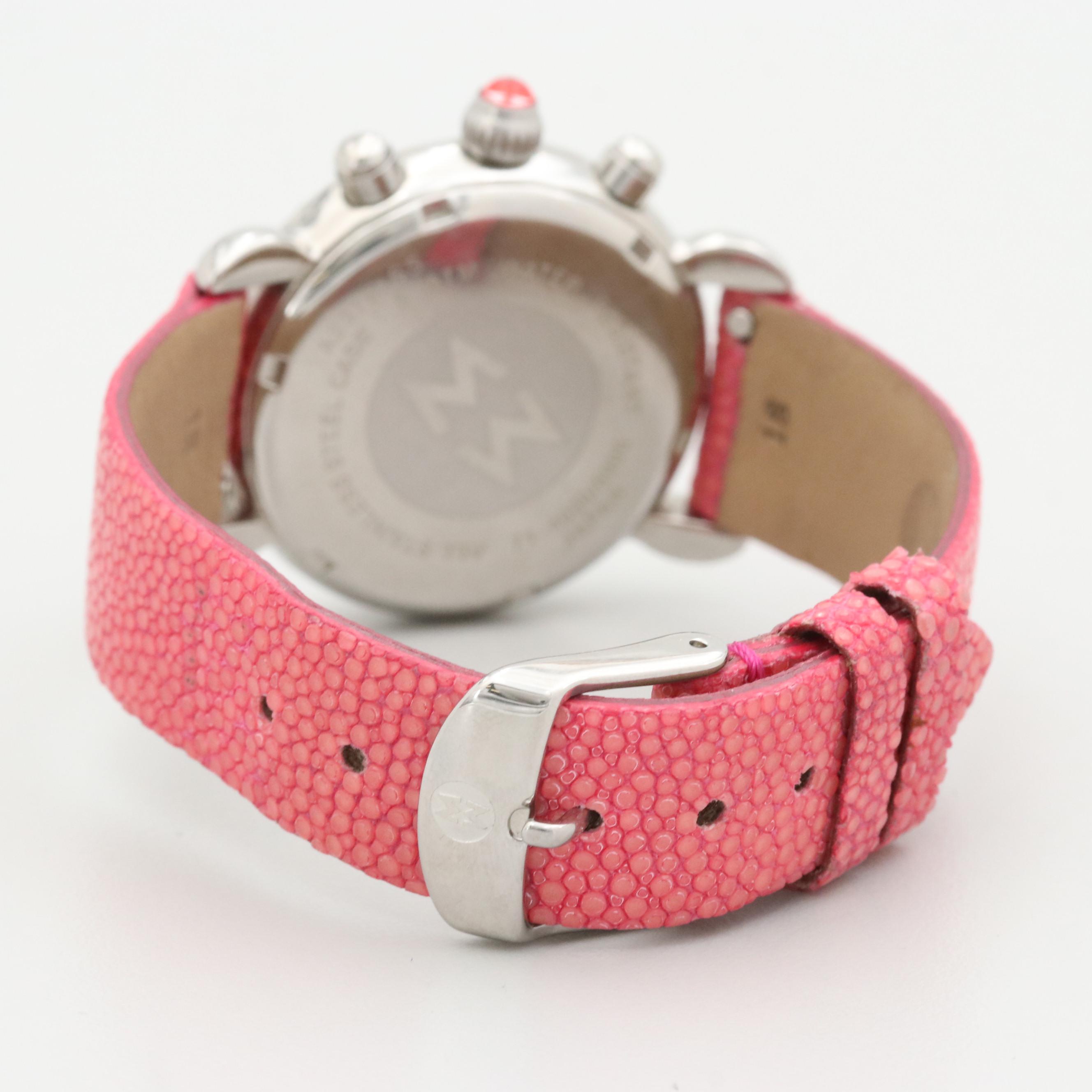 Michele Stainless Steel and Diamond Bezel Chrono Watch With Mother of Pearl