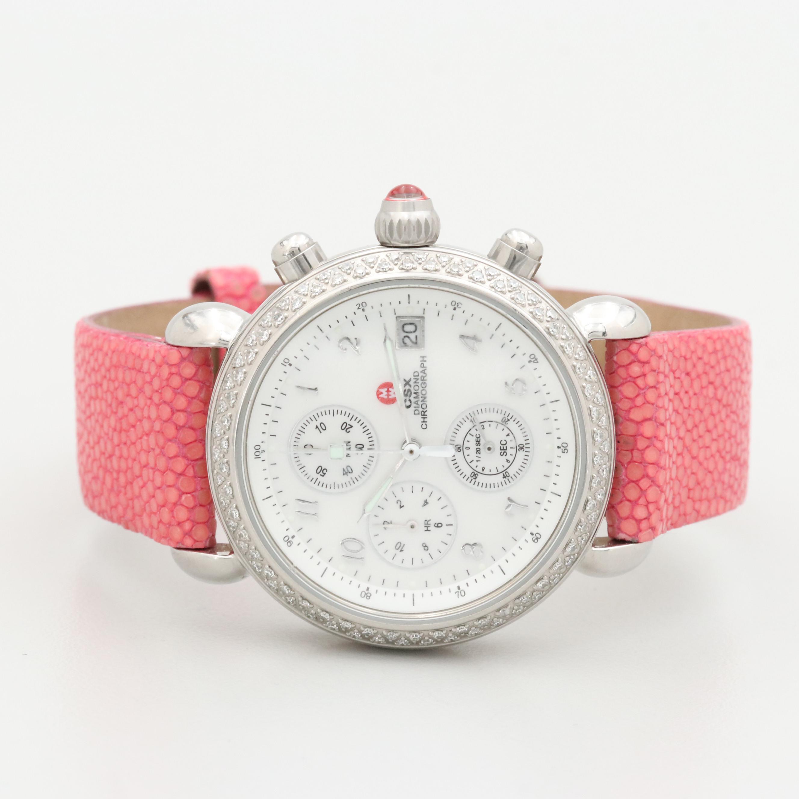 Michele Stainless Steel and Diamond Bezel Chrono Watch With Mother of Pearl