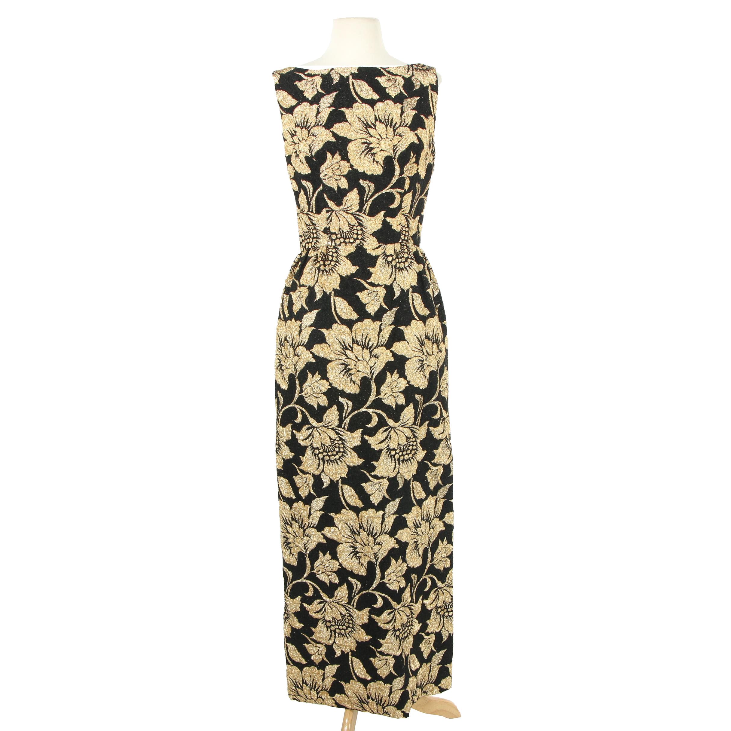 Marshall Field & Company Gold and Black Floral Sleeveless Evening Dress, 1960s