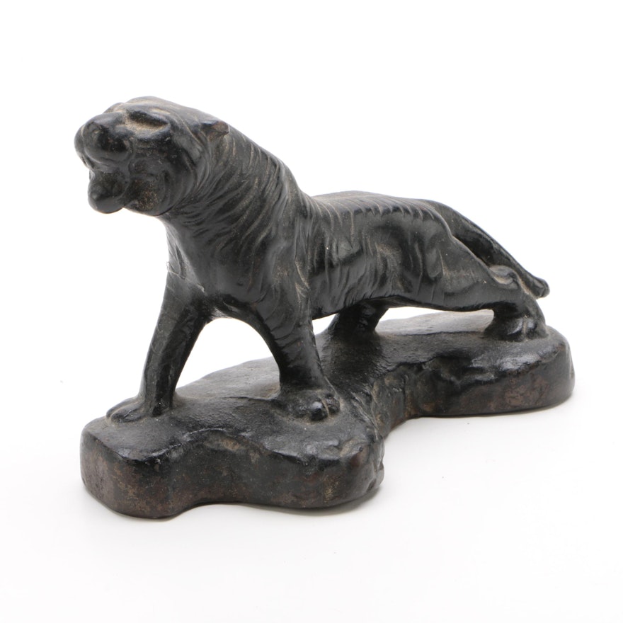 Japanese Cast Iron Tiger on Base, Early to Mid 20th Century