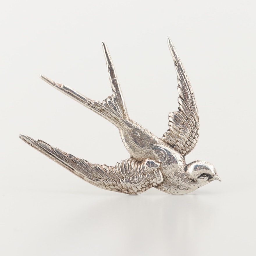 Circa 1910 Sterling Silver Swallow Bird Brooch