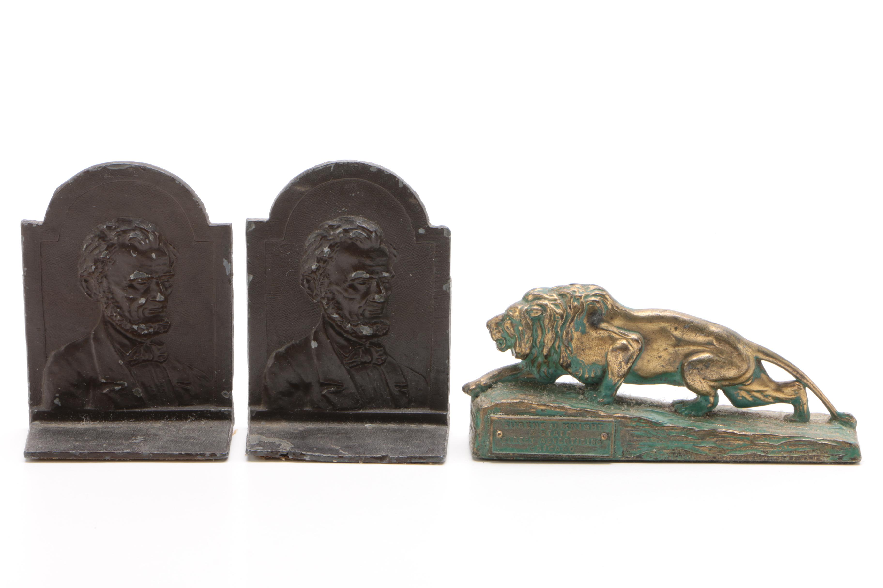 "The Thinker" Cast Iron Bookends, Advertising Lion Paperweight, and More