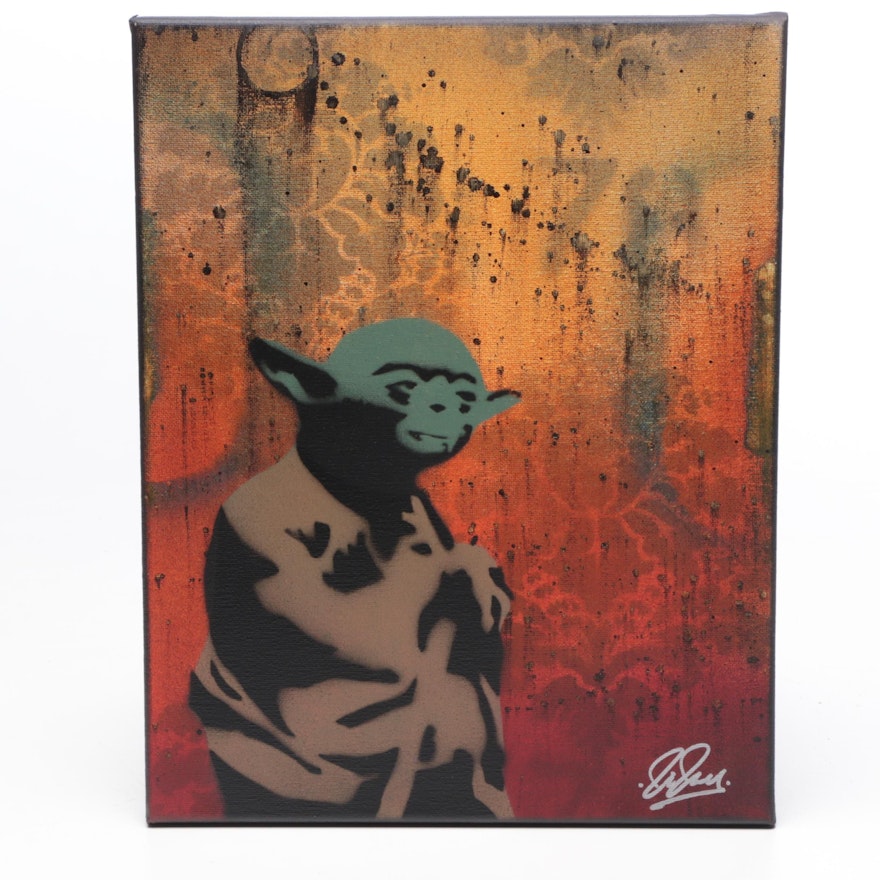 Chris Cleveland Mixed Media Painting of Yoda "Jedi Obey"