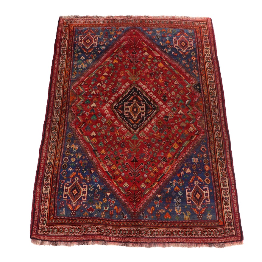Hand-Knotted Persian Qashqai Shiraz Pictorial Wool Rug