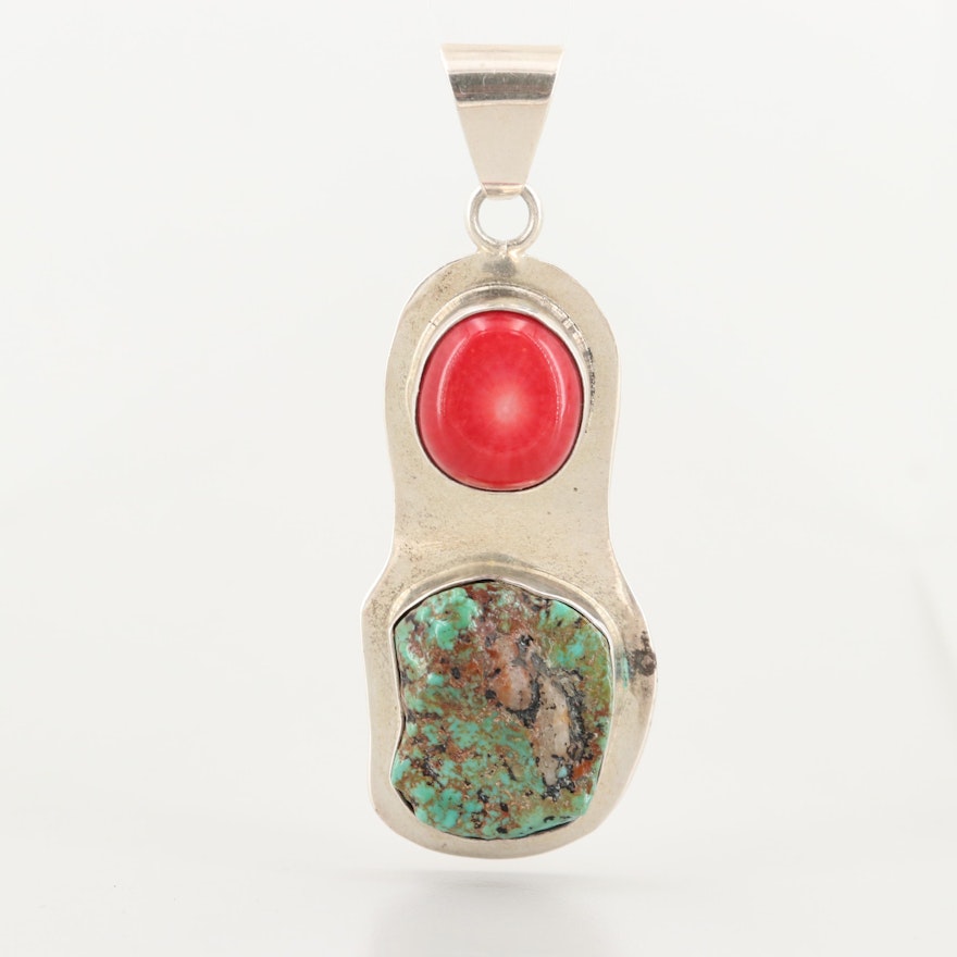 Sterling Silver Dyed Coral and Turquoise Pendant