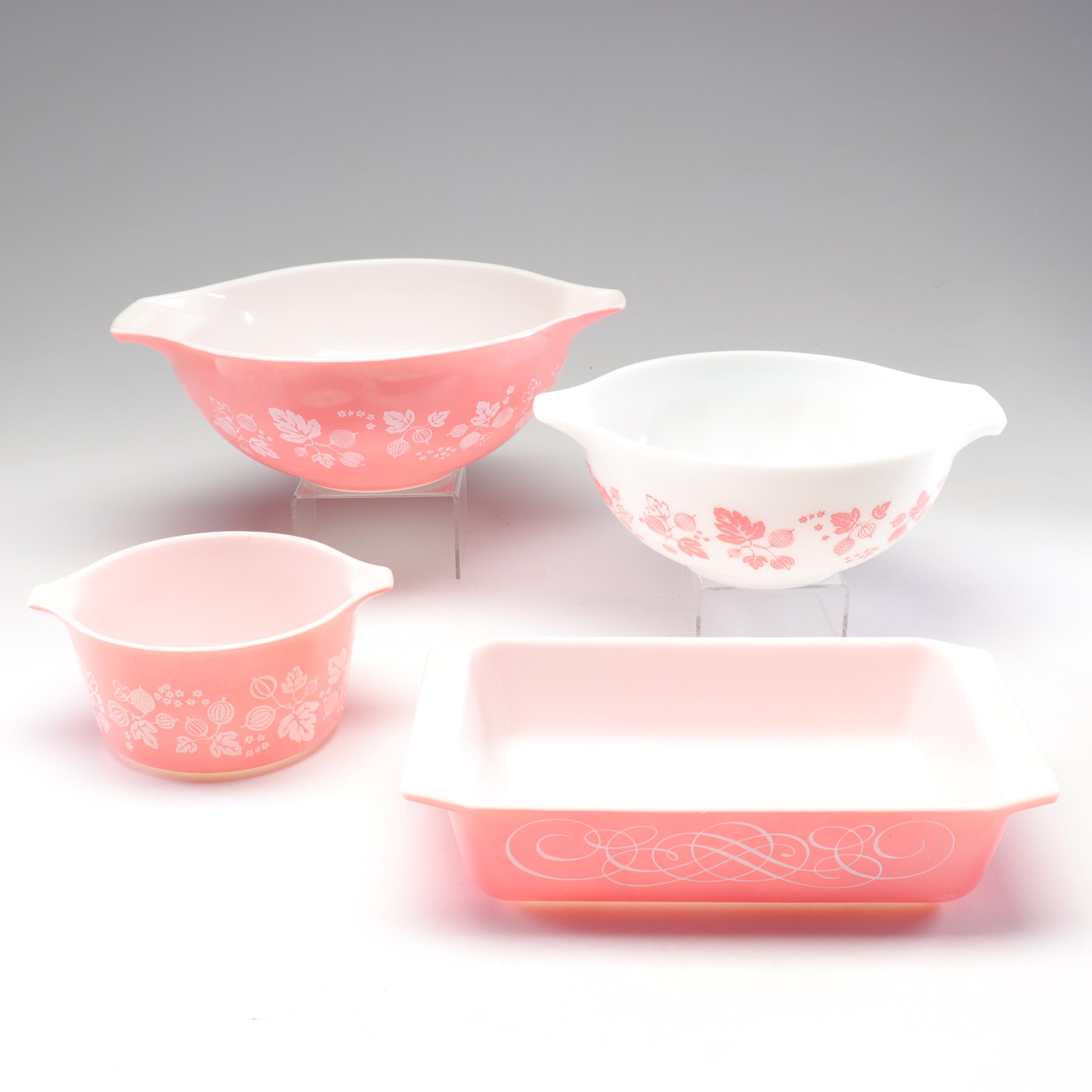 Pyrex Pink "Gooseberry" Cinderella Bowls with "Scroll" Baking Dish