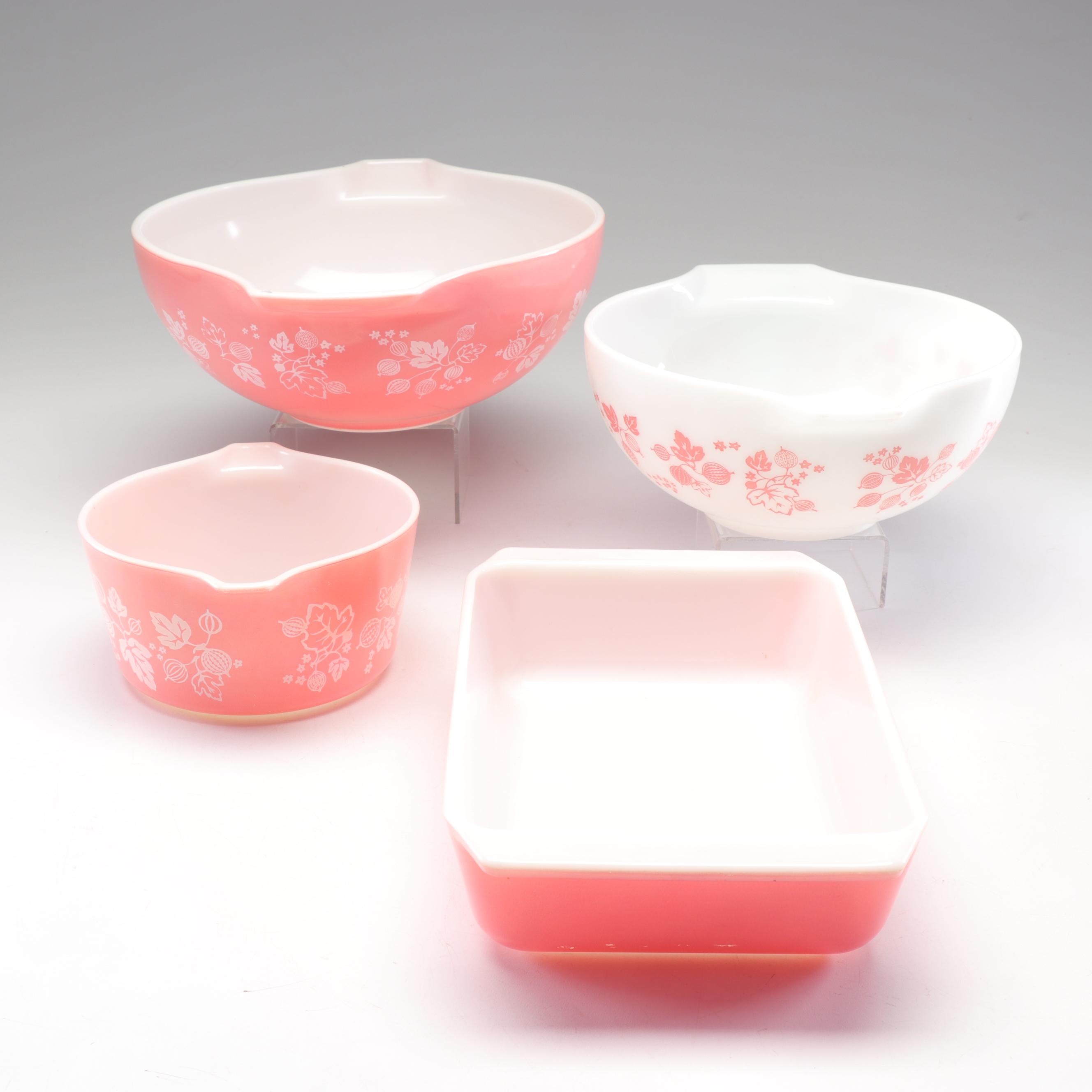 Pyrex Pink "Gooseberry" Cinderella Bowls with "Scroll" Baking Dish