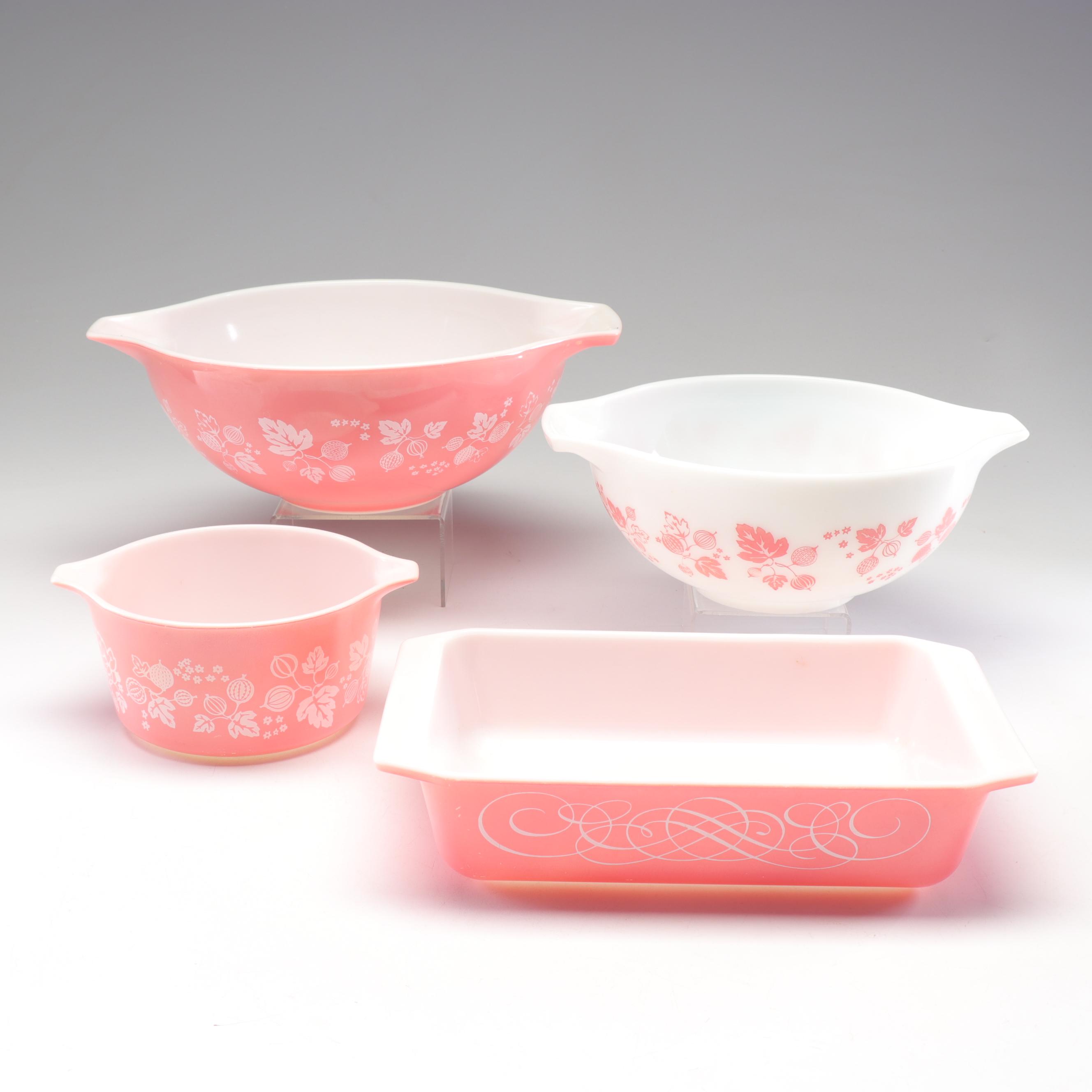 Pyrex Pink "Gooseberry" Cinderella Bowls with "Scroll" Baking Dish