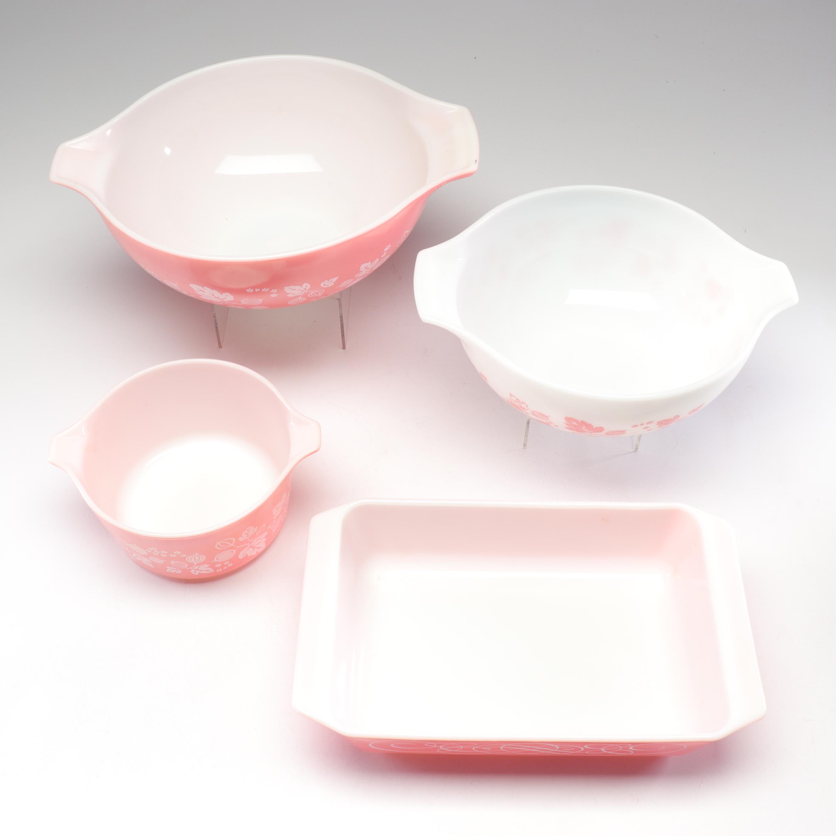 Pyrex Pink "Gooseberry" Cinderella Bowls with "Scroll" Baking Dish