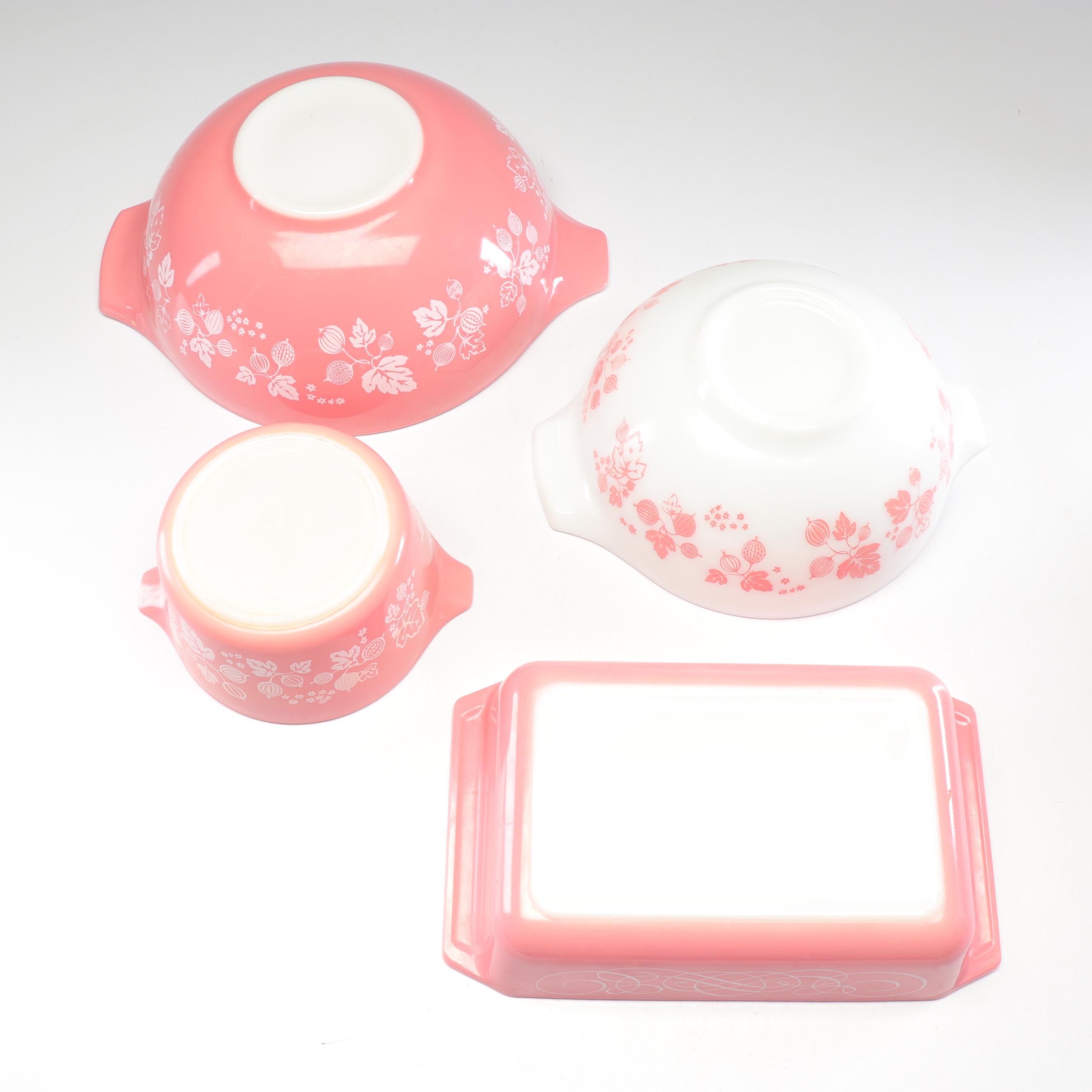 Pyrex Pink "Gooseberry" Cinderella Bowls with "Scroll" Baking Dish