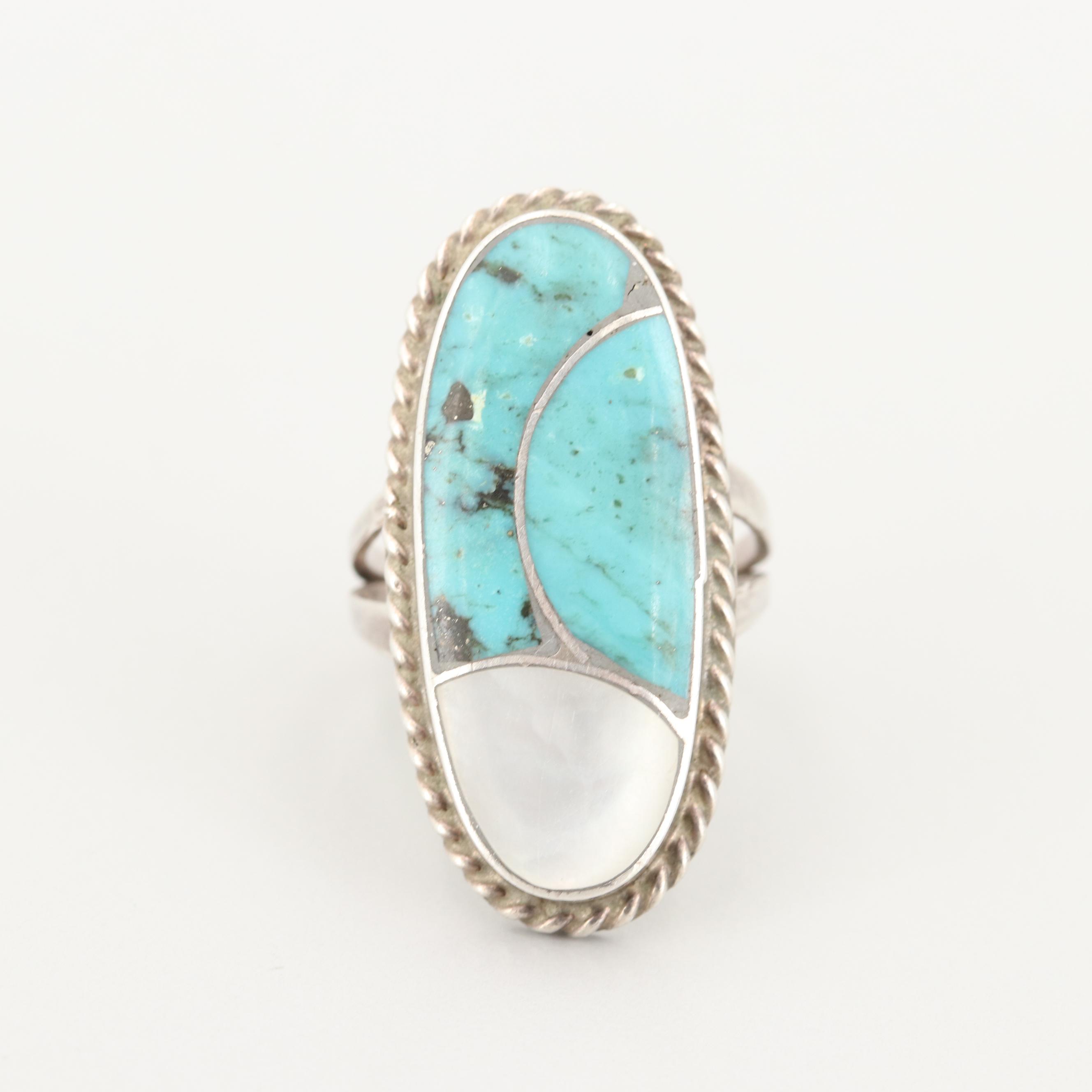 Norman Lee Navajo Diné Sterling Silver Turquoise and Mother of Pearl Ring
