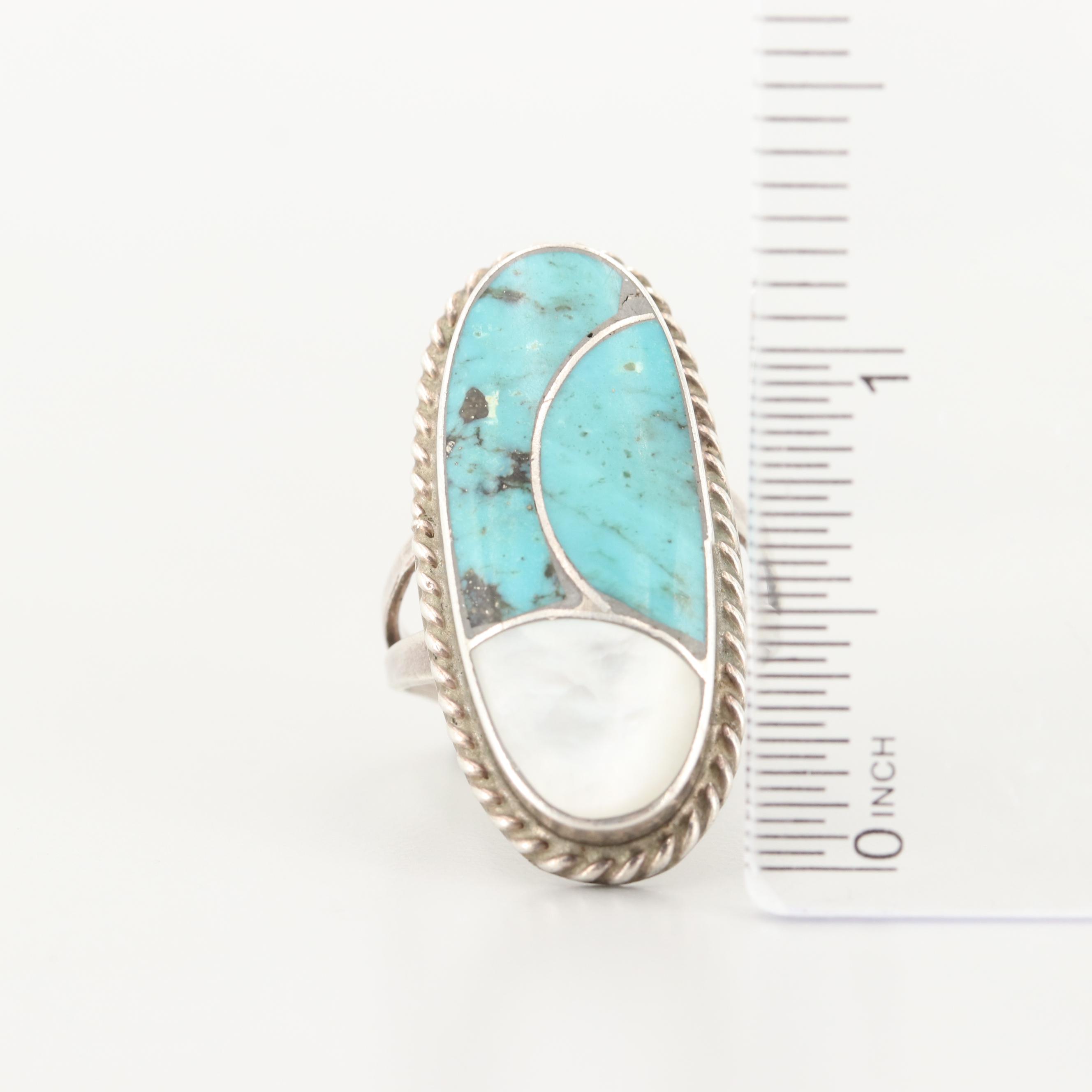 Norman Lee Navajo Diné Sterling Silver Turquoise and Mother of Pearl Ring