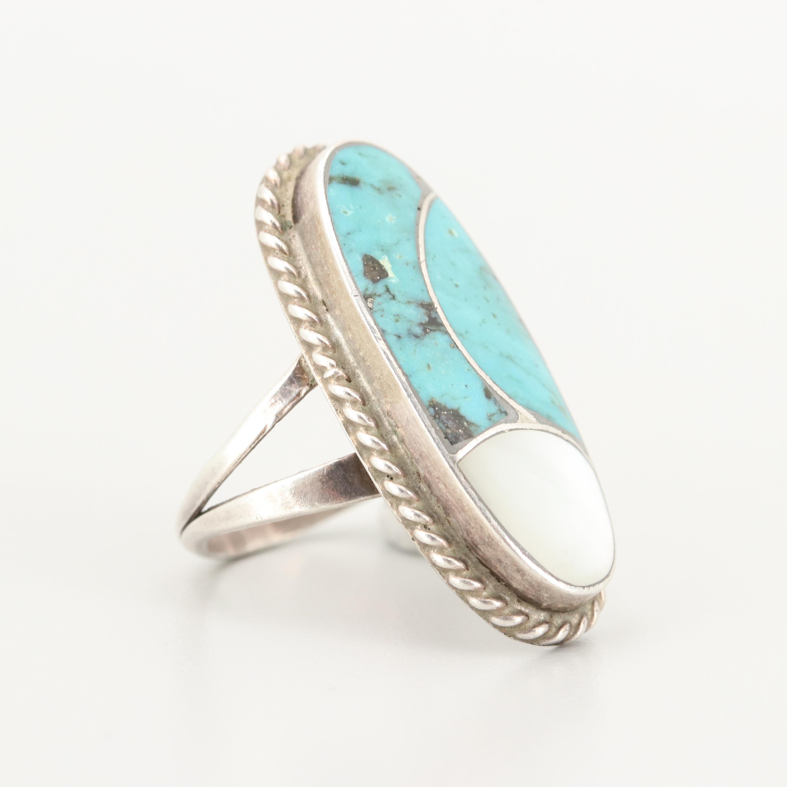 Norman Lee Navajo Diné Sterling Silver Turquoise and Mother of Pearl Ring