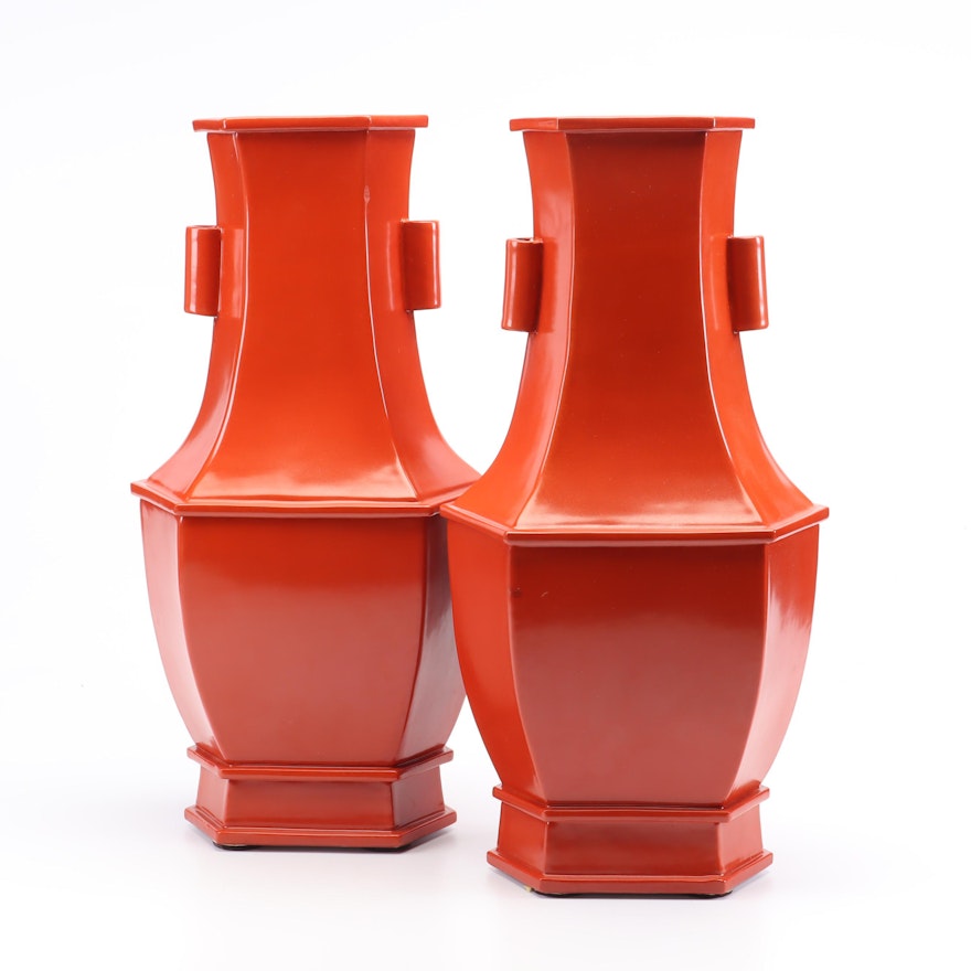 Pair of Vermilion Ceramic Vases