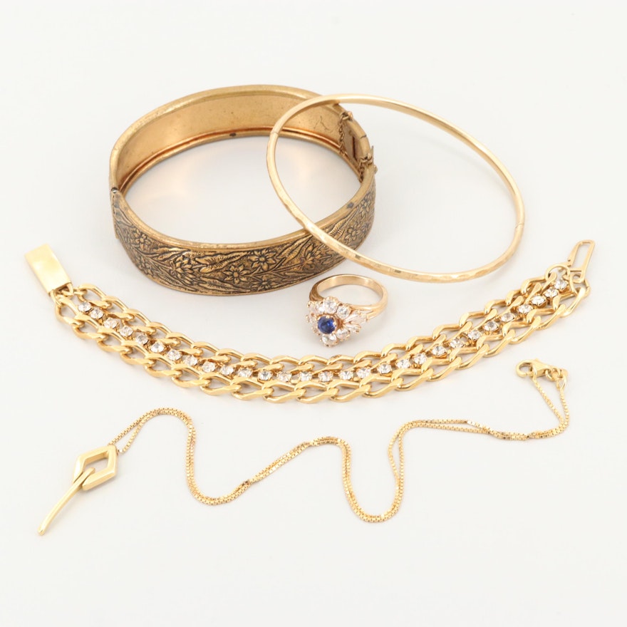 14K Yellow Gold Jewelry Including Costume Bracelets and Synthetic Sapphire