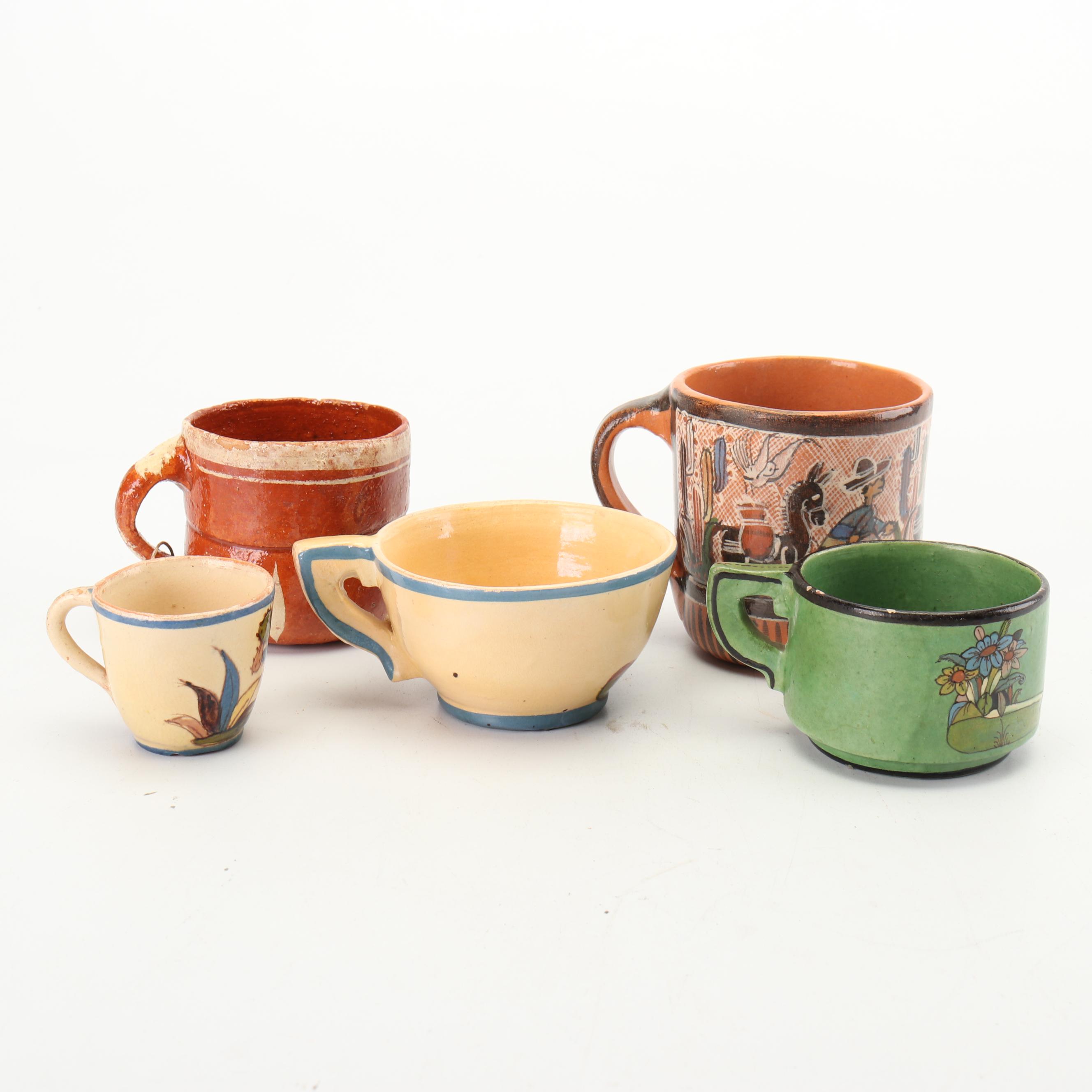 Hand-Painted Tlaquepaque Style Mexican Terracotta Mugs, Saucers and Serving Dish