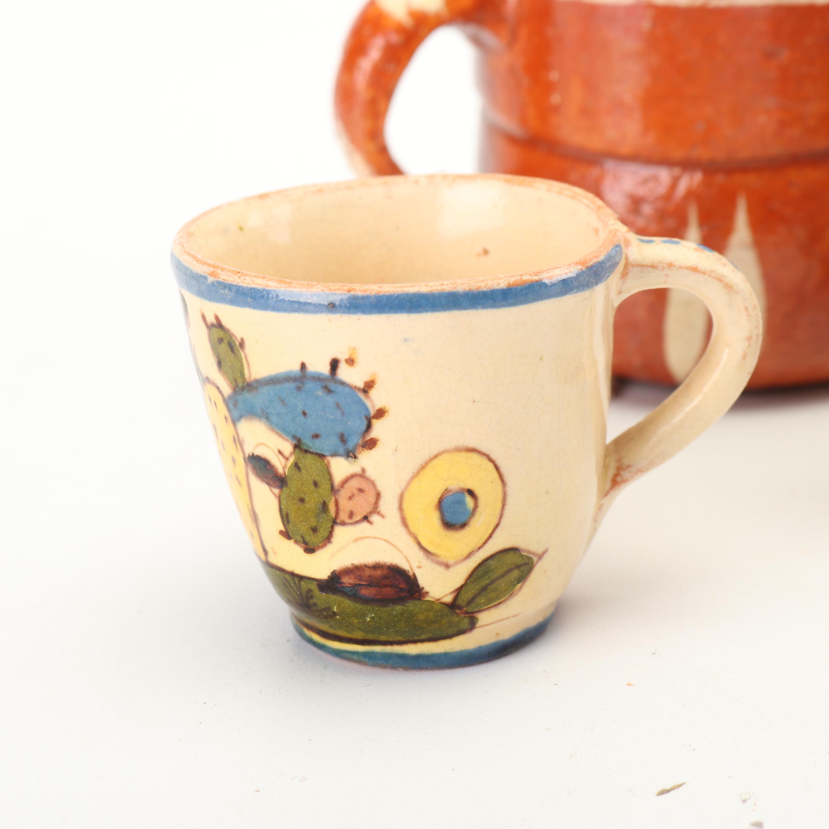 Hand-Painted Tlaquepaque Style Mexican Terracotta Mugs, Saucers and Serving Dish