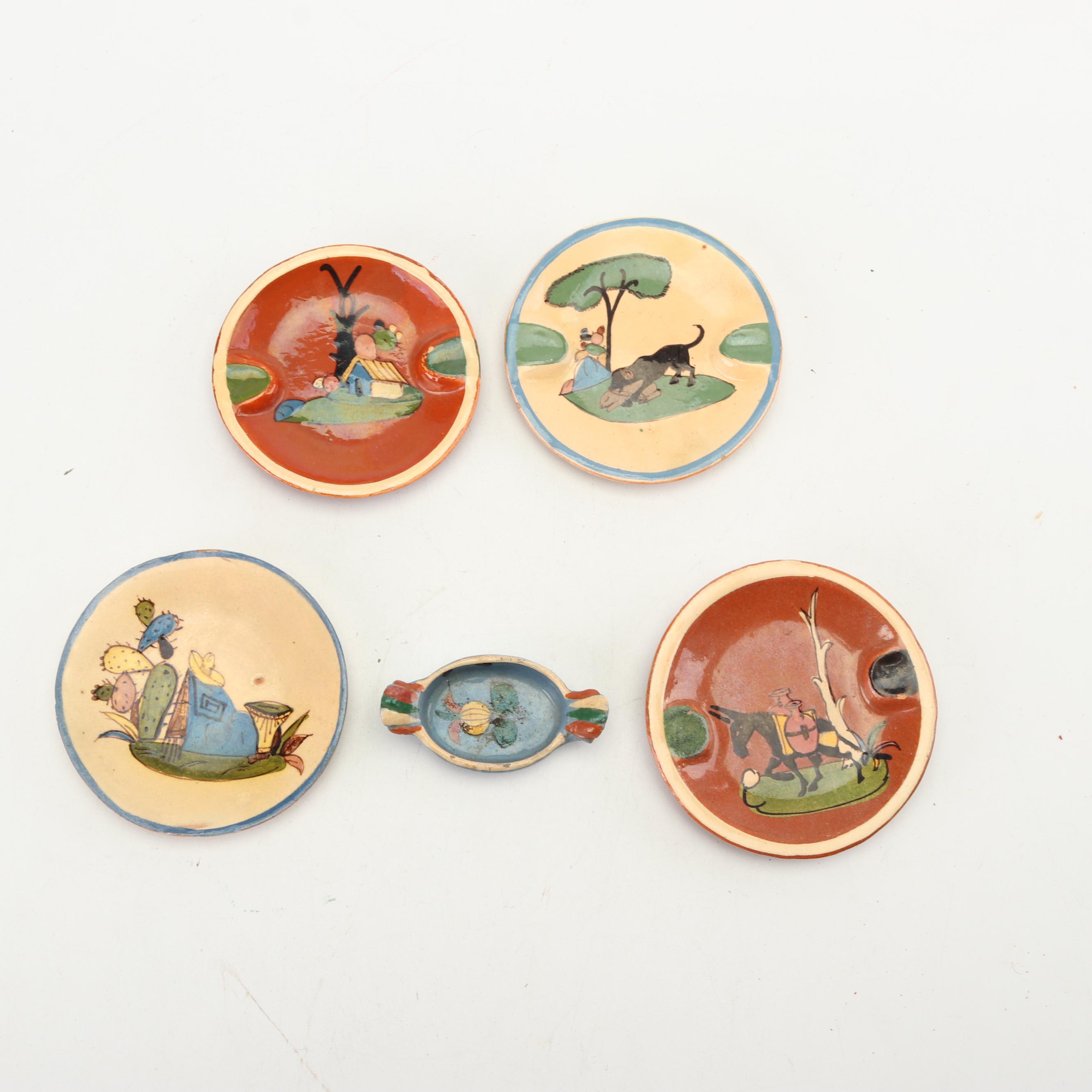 Hand-Painted Tlaquepaque Style Mexican Terracotta Mugs, Saucers and Serving Dish