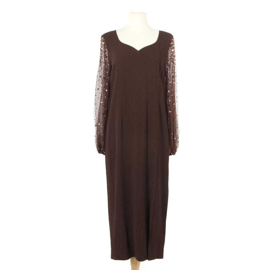 Pauline Trigère Brown Evening Dress with Prong Set Rhinestone on Mesh Sleeves