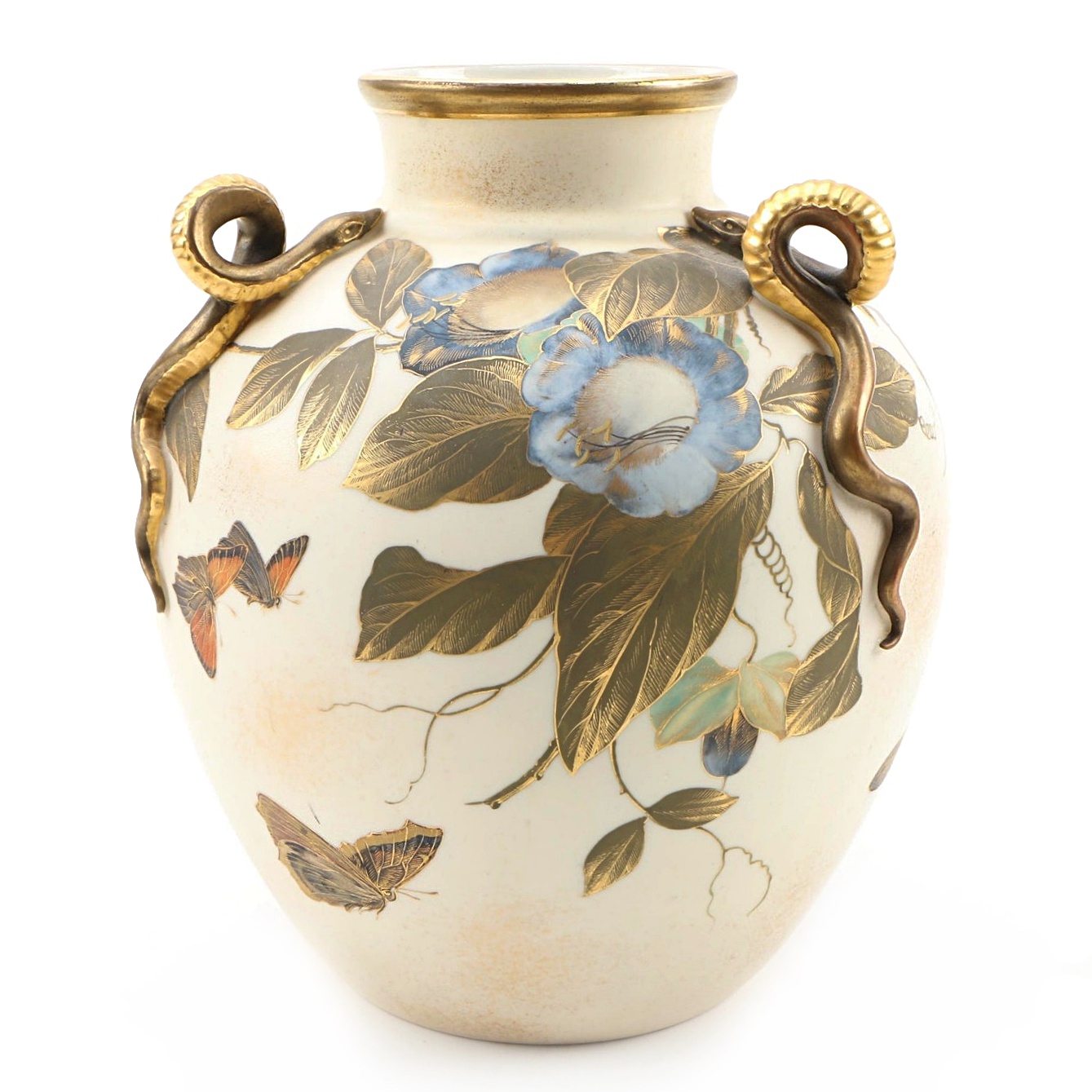 Royal Worcester Blush Ivory Porcelain Vase with Gilt Snake Handles, 1883