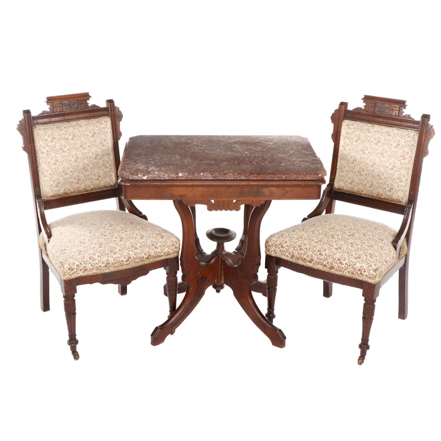 Pair of Eastlake Mahogany Side Chairs with Granite Top Table, Late 20th Century