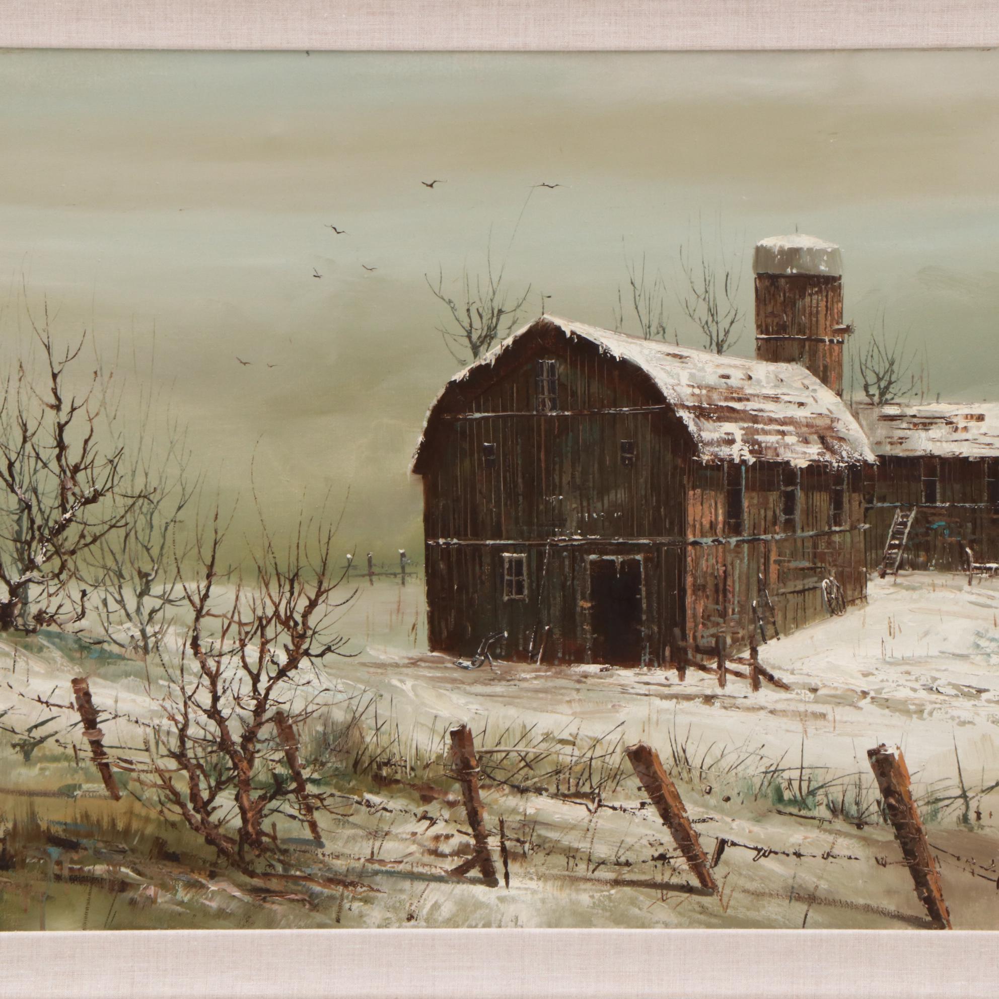 W. S. Chiang Winter Barn Scene Oil Painting