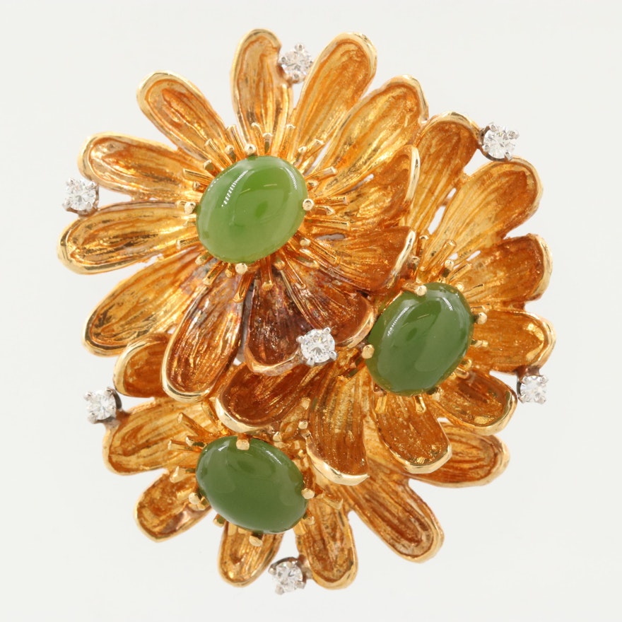 1950-1960s 18K Yellow Gold Nephrite and Diamond Floral Brooch