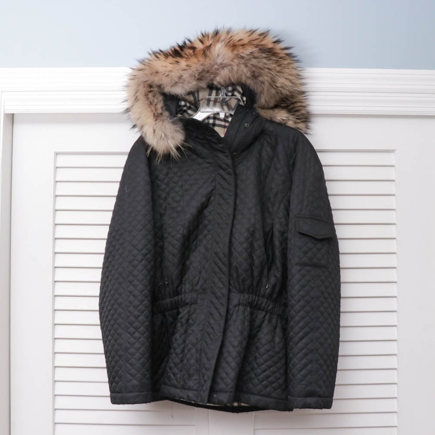 Burberry London Quilted Black Hooded Jacket with Raccoon Fur Trim